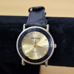 Vintage Aseikon Womens Watch Black Gold Wristwatch Stainless Water Resistant
